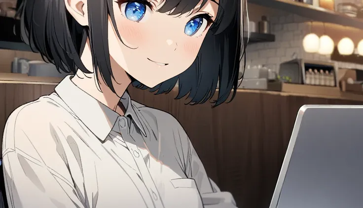 1girl, solo, blue eyes, (detailed eyes), flat chest, short hair, black hair, upper body, gentle smile on her face, wearing a white dress shirt, sitting up straight((masterpiece, illustration, best quality)) A woman operating a laptop in a stylish cafe、28 y...