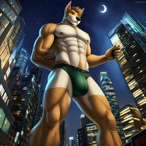 Airedale terrier, Anthro, Furry, Wearing dark green Underwear, Slim, city  And Night, his really Macro size his 80ft tall, 