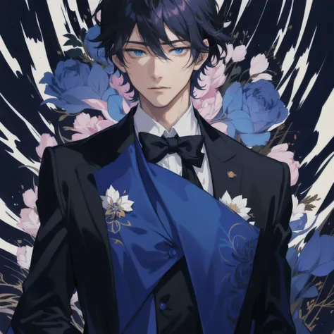 a cartoon image of a man in a suit and tie, inspired by Okumura Masanobu, tall anime guy with blue eyes, handsome guy in demon slayer art, inspired by Okumura Togyu, he is wearing a suit, Hajime Yatate, hijikata toushirou, portrait gapmoe yandere gloomy, a...