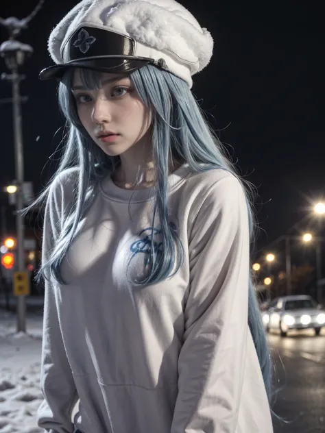 (artwork, best quality) a girl with long blue hair, blue eyes, blue eyelashes, big breasts, white sweatshirt with a hat, walking, upset, on a street in Russia, snowing heavily, at night