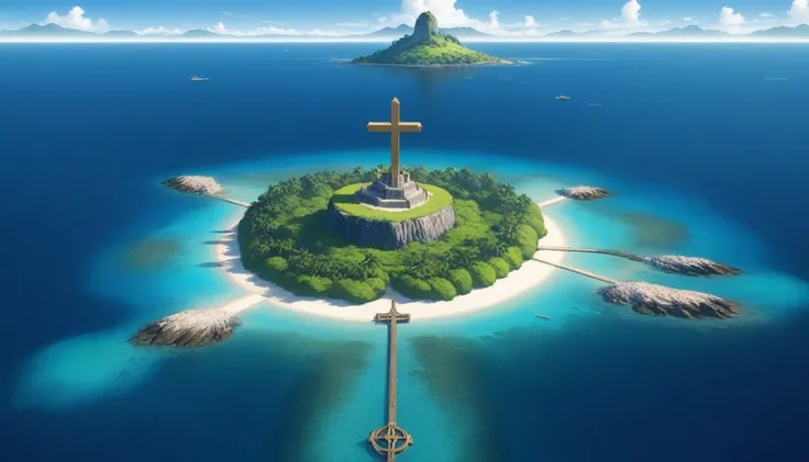 sea, small island in the middle with giant religious cross at the center