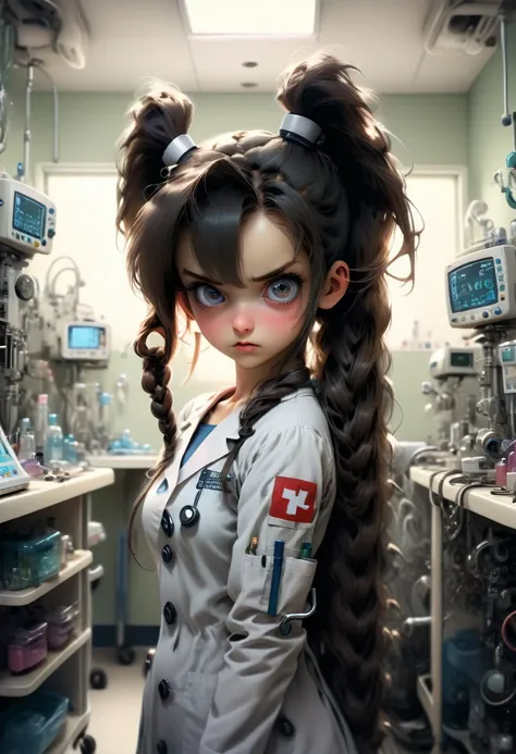 (girl, Twin Tails), The scene mainly depicts a girl in a clean and tidy medical room, with her ponytails neatly tied behind her head. She is exploring equipment with curious eyes, and the background is a medical room filled with equipment, full body, (Phot...