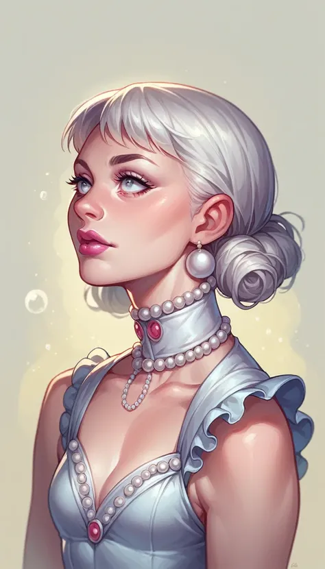 Female character styled DC comics, young girl of 16 years, with a dress that is not even revealing, nor adjusted, Let him have platinum hair with eyes the color of pearls and pink lips., 