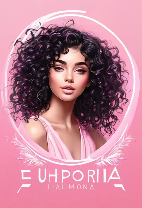 ((mejor calidad))logo of the title "euphoria", ligth pink colors, logo for a influenser,llong black curly hair, tanned skin