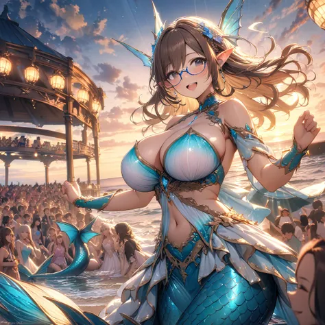 A mermaid idol on a beach stage at sunset:
(best quality,4k,8k,highres,masterpiece:1.2),ultra-detailed,illustration,beach stage, vibrant color,((mermaid))), singing, enchanting, sunset glow, ocean waves, sparkling tail, ethereal beauty, crowd cheering, mag...