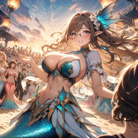 A mermaid idol on a beach stage at sunset:
(best quality,4k,8k,highres,masterpiece:1.2),ultra-detailed,illustration,beach stage, vibrant color,((mermaid))), singing, enchanting, sunset glow, ocean waves, sparkling tail, ethereal beauty, crowd cheering, mag...