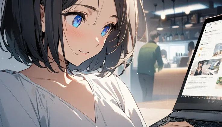 1girl, solo, blue eyes, (detailed eyes), flat chest, short hair, black hair, upper body, gentle smile on her face, wearing a white dress shirt, sitting up straight((masterpiece, illustration, best quality)) A woman operating a laptop in a stylish cafe、28 y...