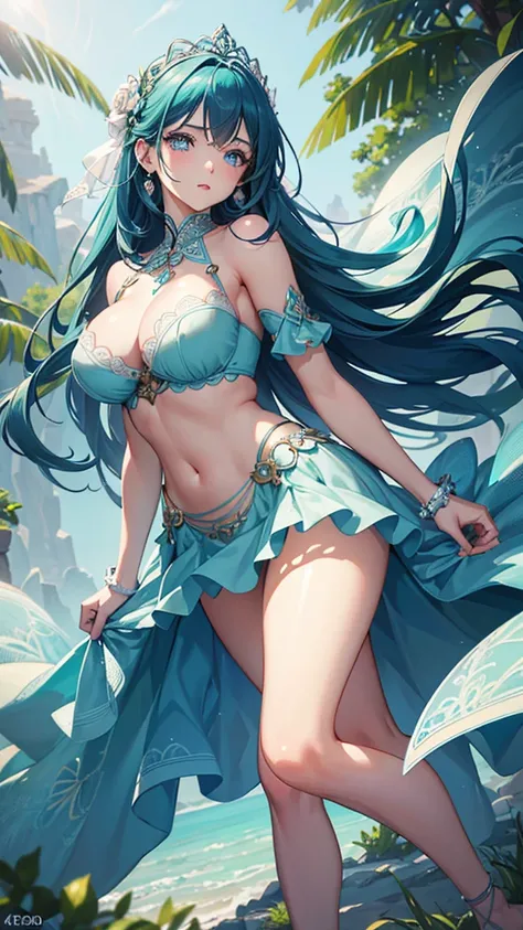 Aqua, 1girl, full body, standing, blue hair, light blue eyes, exposed belly, big thighs, long legs, lace background, on a lace, nature background, big , short skirt, hands on hips, (best quality,4k,8k,highres,masterpiece:1.2),ultra-detailed,(realistic,phot...