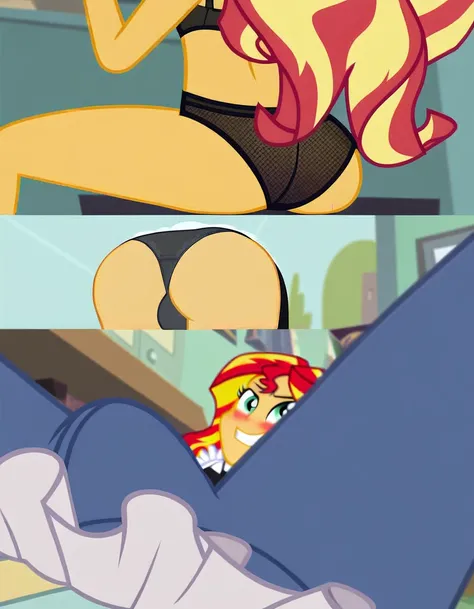 upskirt, duo focus, equestria girls, blushing, sunset shimmer, bra, underwear, grin, evil smile, erection, smiling, butt, clothes, maid, black panties, underwear, sunbutt, show accurate, vector, male pov, tenting, crotch big bulge, big erection in pants, o...