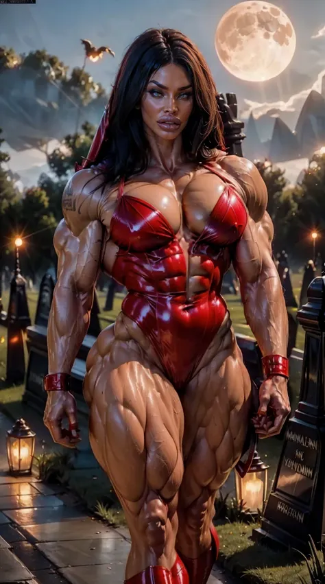 Megan fox as Vampirella, (wearing a red vampirella outfit:1.25), (muscular physique, pale skin, red glowing eyes:1.25), walking down a cemetery on a moonlit night, full moon, dark gothic atmosphere, thin legs, Realistic, Very detailed face and eyes, (maste...