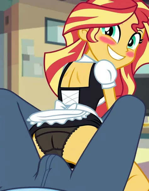 upskirt, duo focus, equestria girls, blushing, sunset shimmer, bra, underwear, grin, evil smile, erection, smiling, butt, clothes, maid, black panties, underwear, sunbutt, show accurate, vector, male pov, tenting, crotch big bulge, big erection in pants, o...