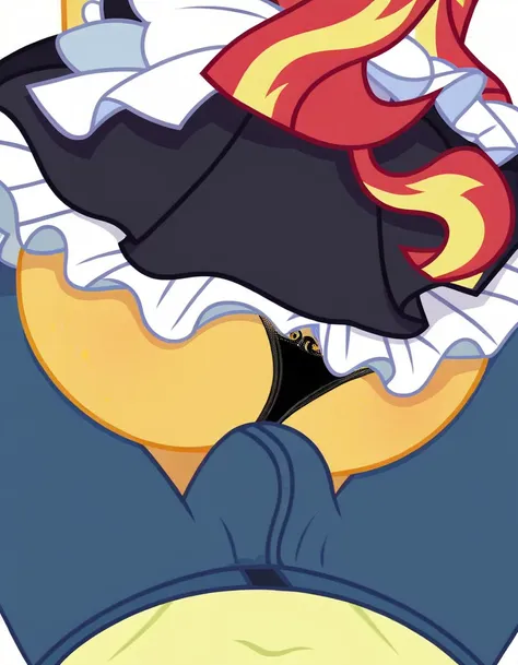 upskirt, duo focus, equestria girls, blushing, sunset shimmer, bra, underwear, grin, evil smile, erection, smiling, butt, clothes, maid, black panties, underwear, sunbutt, show accurate, vector, male pov, tenting, crotch big bulge, big erection in pants, o...