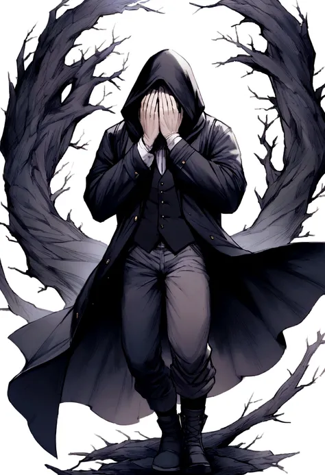 A 32-year-old male character without a beard ,in black clothes, grimy, Durable Boot, olis/in the pants, waistcoat, She wore a black coat with a hood, covering the head;, Sheet mask, covering face. On white background