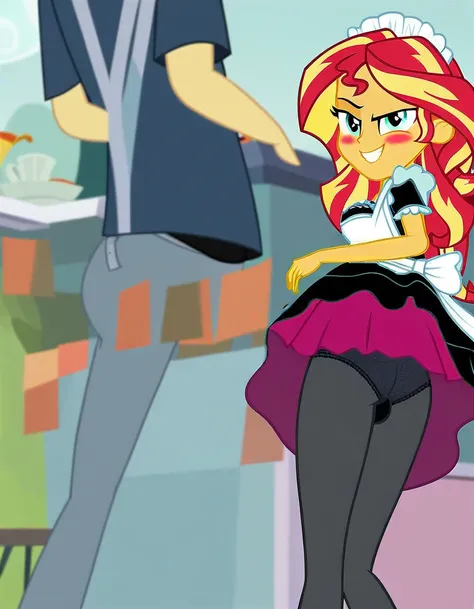 upskirt, duo focus, equestria girls, blushing, sunset shimmer, bra, underwear, grin, evil smile, erection, smiling, butt, clothes, maid, black panties, underwear, sunbutt, show accurate, vector, male pov, tenting, crotch big bulge, big erection in pants, o...