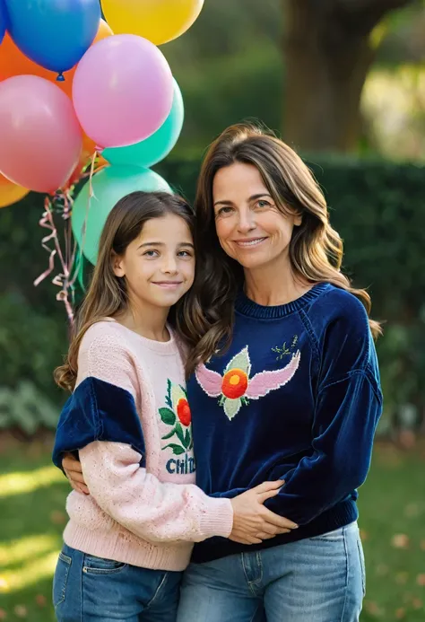 A warm and vibrant photograph captures the tender moment between a 45-year-old brunette woman with medium-sized, sagging breasts and her 13-year-old daughter. Her very serious mother is wearing a dark green cross-stitch sweater with the name Nike and Adida...