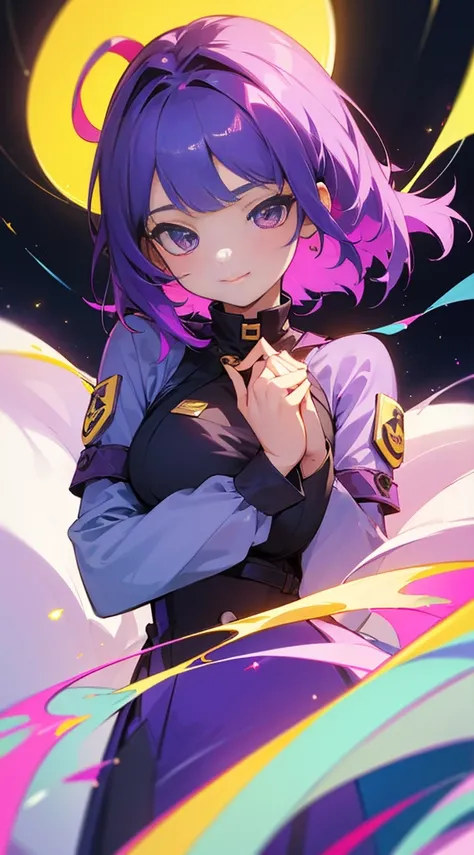 Top Quality, 8K, 4K, High Definition, Detail, (better-quality, 8K, 12), top-quality, 1 girl、only showing her face, she has purple hair, wearing a yellow pin in her right side of her hair, she has her hands together, she looking at you, she is smiling at yo...