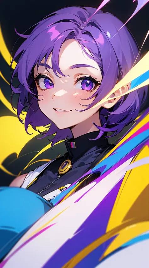 Top Quality, 8K, 4K, High Definition, Detail, (better-quality, 8K, 12), top-quality, 1 girl、only showing her face, she has purple hair, wearing a yellow pin in her right side of her hair, she has her hands together, she looking at you, she is smiling at yo...