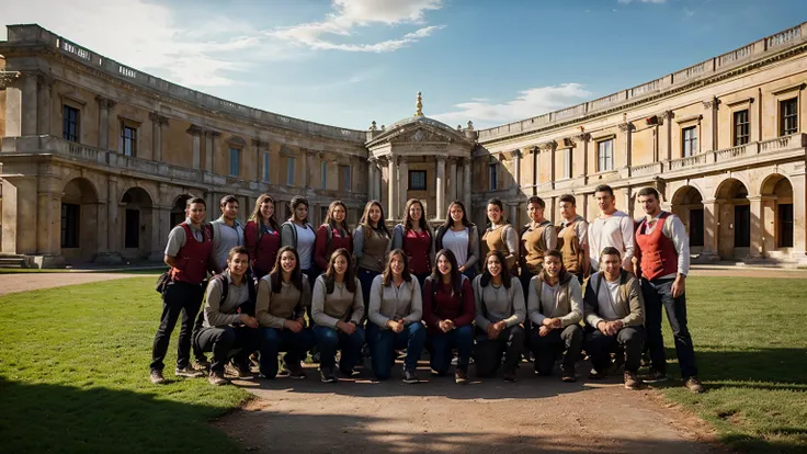 Make an outside, landscape oriented photo of 27 college students from all over the world wearing red vests posing in front of their palladian college library with dome, 4K ultra HD