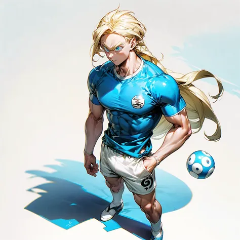 Ultra detailed, full background, Full body version, motion blur, plasma, lens blur, overlay color, overlay blending, lighten blending, chromatic aberration, hd, ultra hd, (dragon ball style), boy, blonde hair, long hair, skyblue colour shirt, hazel eyes 