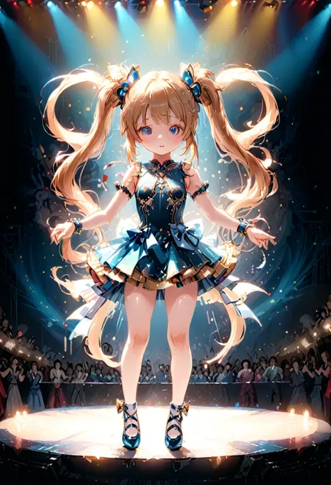 (girl, Twin Tails), A girl dressed in gorgeous performance attire danced gracefully on stage, her ponytails adorned with shiny hair accessories, attracting the attention of all the audience. The background was a dazzling stage, full body, (Photography, Raw...