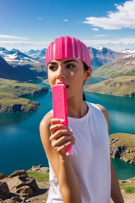 Create a 3D  eating an ice pop in a beautiful landscape 