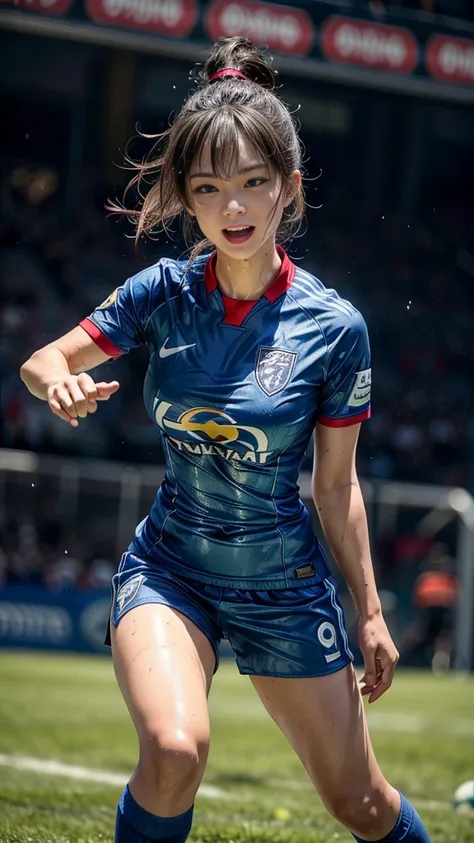 Highest quality, High resolution:1.2, Very detailed, Realistic:1.3, ((Beautiful woman))、((Super tight uniform))、((Big Breasts))、(The abdomen is visible)、(((Soccer uniforms)))、Vibrant colors, play soccer,(Blunt bangs)、((Various Hair Styles))、Different hair ...