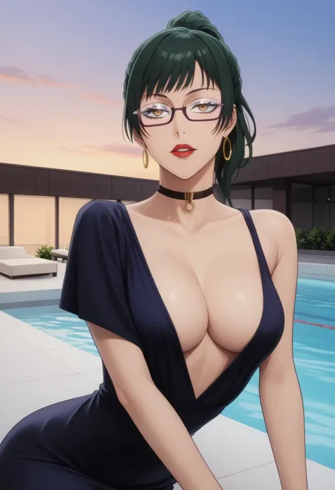 score_9_up, score_8_up, score_7_up, 1girl, solo, mature female, Maki, green ponytail  hair, yellow eyes, glasses, red lips, parted lips, fit slim body, perfect medium erected breast,(((highly detailed eyes))), (((dark blue evening dress with plunging neckl...