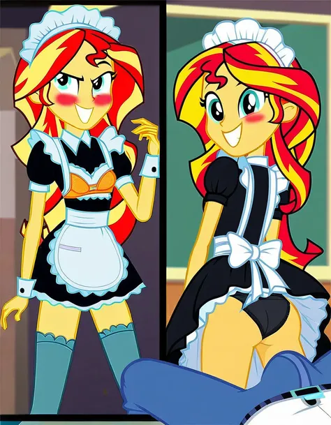 upskirt, duo focus, equestria girls, blushing, sunset shimmer, bra, underwear, grin, evil smile, erection, smiling, butt, clothes, maid, black panties, underwear, sunbutt, show accurate, vector, male pov, tenting, crotch big bulge, big erection in pants, o...