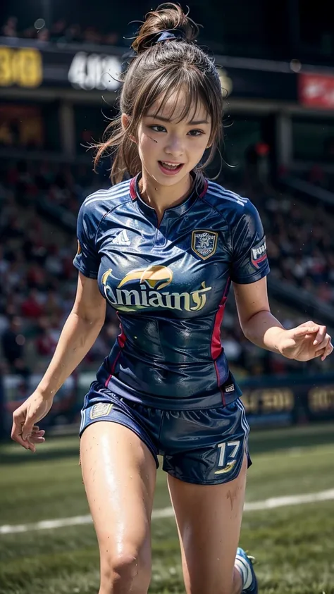 Highest quality, High resolution:1.2, Very detailed, Realistic:1.3, ((Beautiful woman))、((Super tight uniform))、((Big Breasts))、(The abdomen is visible)、(((Soccer uniforms)))、Vibrant colors, play soccer,(Blunt bangs)、((Various Hair Styles))、Different hair ...