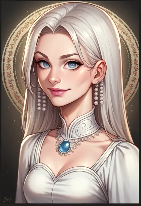 Female character styled from DC comics characters, young girl of 16 years, with a dress that is not even revealing, nor adjusted, Let him have platinum hair with eyes the color of pearls., pink lips, Delicate facial features, soft smile, angelic look, belo...