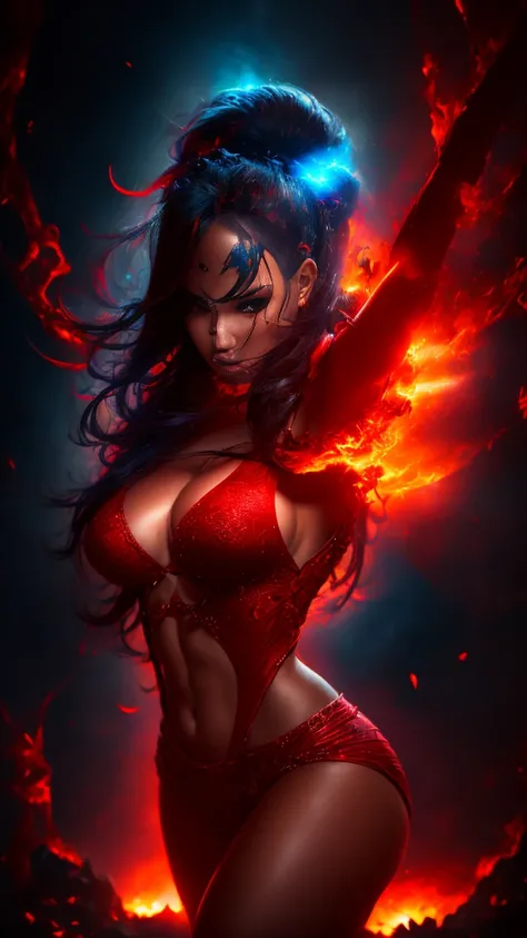 magic, Adult Latina model Daisy Marie, she is a fire elemental her body completely composed of Red and blue fire. flames dance around her body threatening to burn anybody that gets too close.