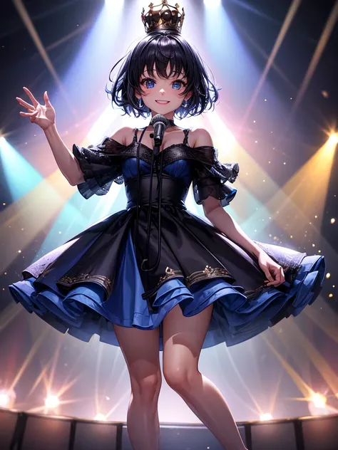 Highest quality,Highest Resolution,A beautiful smiling girl standing on stage holding a microphone with both hands,front,whole body,Black short hair,Blue Dress,a small crown on the head,Spotlight,stage,Very beautiful eyes,