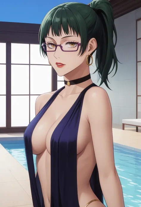 score_9_up, score_8_up, score_7_up, 1girl, solo, mature female, Maki, green ponytail  hair, yellow eyes, glasses, red lips, parted lips, fit slim body, perfect medium erected breast,(((highly detailed eyes))), (((dark blue evening dress with plunging neckl...