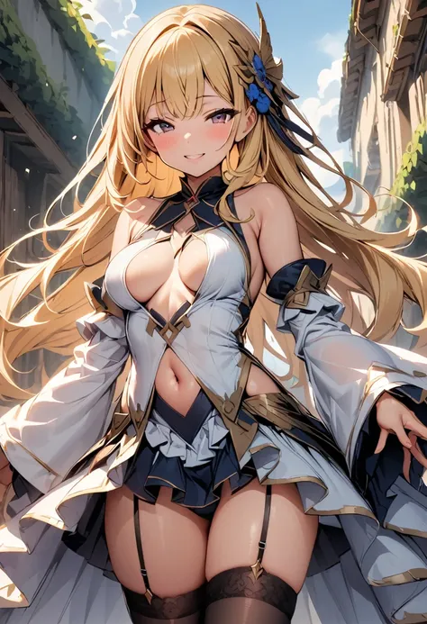 masterpiece, best quality, solo, 1girl, blonde-hair, wings, thighhighs, (very-long-hair), smile, wide-sleeves, navel, hair-ornament, blush, looking-at-viewer, detached-sleeves, open-mouth, frills, outstretched-arms, black-thighhighs, dress, oragen-eyes, ha...