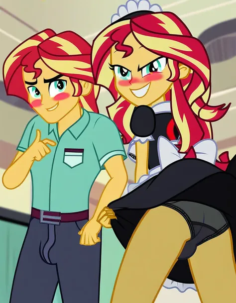 upskirt, duo focus, equestria girls, blushing, sunset shimmer, bra, underwear, grin, evil smile, erection, smiling, butt, clothes, maid, black panties, underwear, sunbutt, show accurate, vector, male pov, tenting, crotch big bulge, big erection in pants, o...