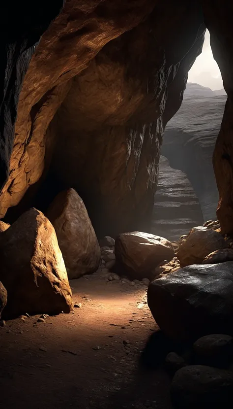 a dark cavern, distant faint fire light source, brown tones, rocks, rock seat, detailed, cinematic lighting, realistic, photorealistic, high resolution, hyper detailed, masterpiece, chiaroscuro, physically based rendering, sharp focus