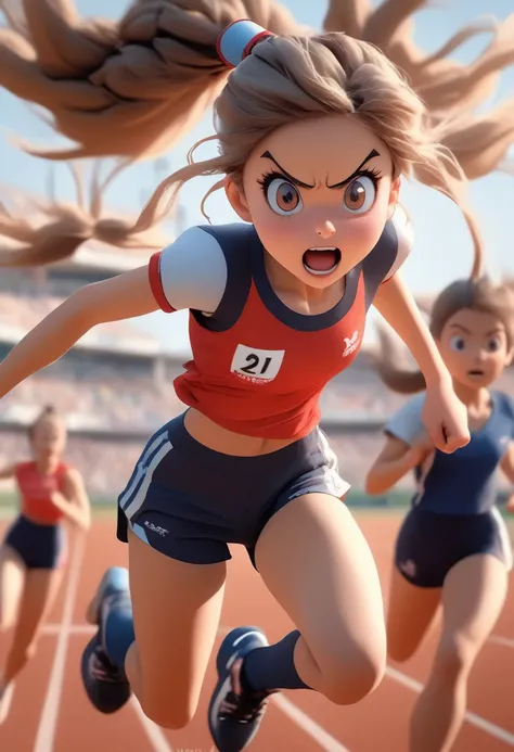 (girl, Twin Tails), A girl on the sports field, dressed in sportswear, with her ponytails swaying to the rhythm of her full sprint. She has a firm and determined expression on her face, and is sprinting with all her might. The background is the spectator s...