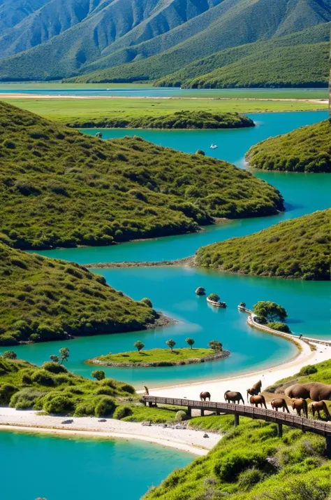 A beautiful landscape with many animals and its lagoon