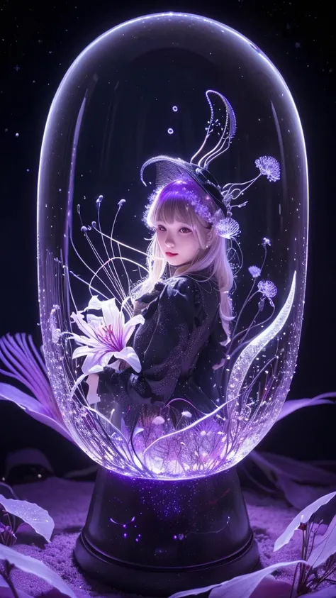 a beautiful snow dome, a large letter F made of spider lilies, crescent moon, sparkling stars, jellyfish, hearts, bubbles, pearls, black and purple gradient, (best quality,4k,8k,highres,masterpiece:1.2),ultra-detailed,(realistic,photorealistic,photo-realis...