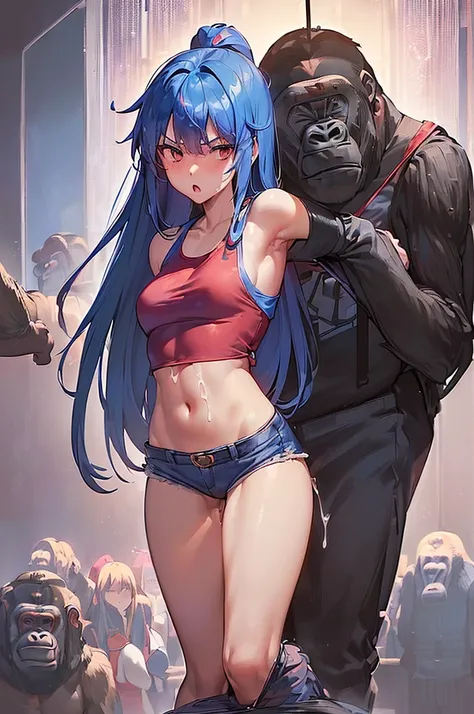 masterpiece, best quality,anime style, 1 girl,(((slender body))), (((small breast))),(((hot pants, blue tanktop,red tie))),(((((a gorilla man grabbing the girl))))), ((((restrained, arms behind back)))),((((cum)))), (beautiful face), (((long hair))), (((st...