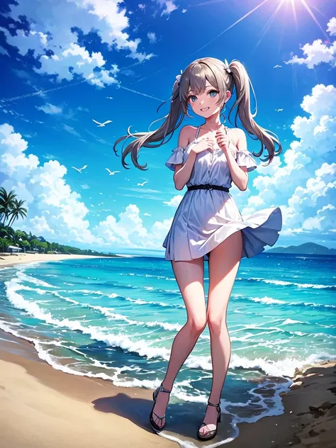 Driving a white Porsche along the beach、Blue long hair、Beautiful girl with twin tails、Splash art of water flying up、blue sky、White cloud、Bright smile、Seaside scenery