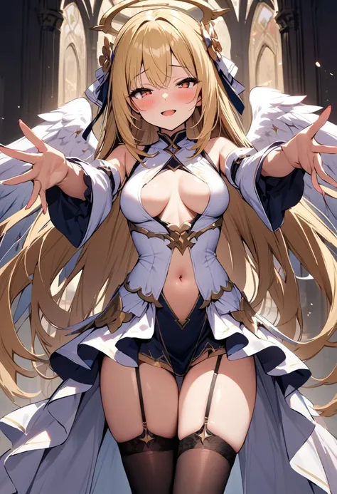 masterpiece, best quality, solo, 1girl, blonde-hair, wings, thighhighs, (very-long-hair), smile, wide-sleeves, navel, hair-ornament, blush, looking-at-viewer, detached-sleeves, open-mouth, frills, outstretched-arms, black-thighhighs, dress, oragen-eyes, ha...