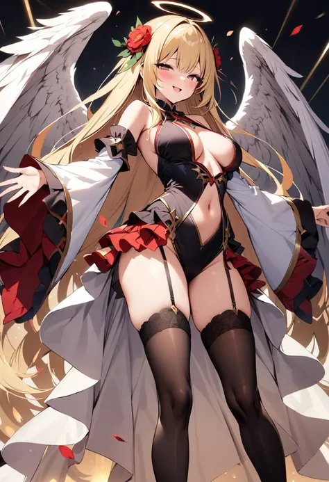 masterpiece, best quality, solo, 1girl, blonde-hair, wings, thighhighs, (very-long-hair), smile, wide-sleeves, navel, hair-ornament, blush, looking-at-viewer, detached-sleeves, open-mouth, frills, outstretched-arms, black-thighhighs, dress, oragen-eyes, ha...