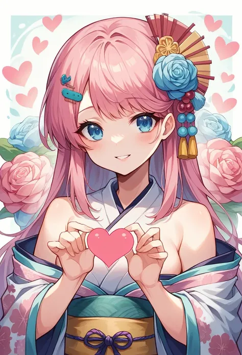 Create a portrait of a young Japanese woman with long pink hair and bright blue eyes, facing directly forward. She is wearing a traditional kimono adorned with intricate floral patterns. She is holding a large heart with both hands. Her hair is decorated w...