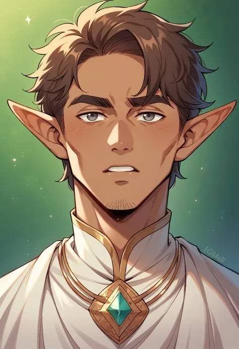 A 16-year-old male elf with an ectomorphic build, olive skinned, and short brown hair with a simple style. Your diamond-shaped face is stunning, with round gray eyes that contain a hint of mischief. Thin lips give your features a delicate touch, while your...