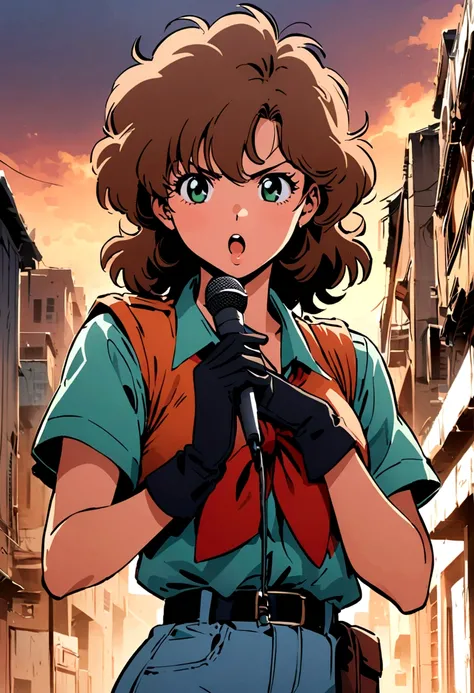 draw style, 80s anime, beautiful girl, gloves, super short brown messy hair, green eyes, singing, badass clothes female, scenery