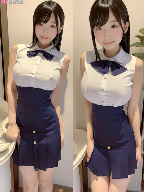 Highest quality、masterpiece、8K、Very detailed、Realistic、One person、Looking at me with a smile、whole body、Big Breasts、Erect nipples、Thin and beautiful legs、Tight and slim waist、A tight-fitting, sleeveless waitress uniform with buttons and a collar