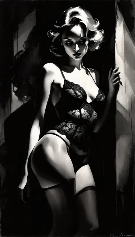 eroticism, sexy, black and white image, between shadows, elegant lingerie, oil painting, dramatic lighting, dramatic contrast, chiaroscuro, detailed face, sensual expression, elegant pose, female figure, mysterious, moody, cinematic, dark romantic, Bill Si...