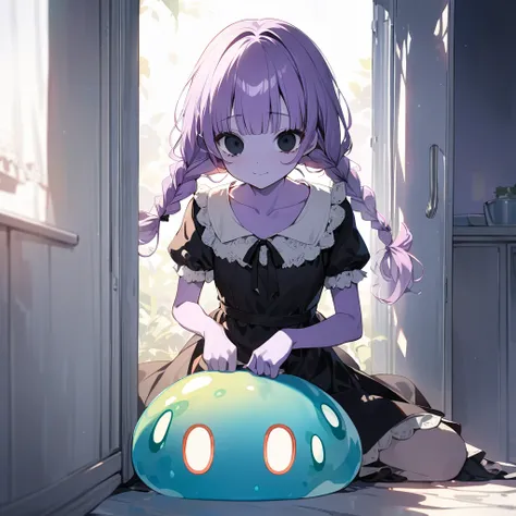 masterpiece, ultra detailed, 8K, full body shot,, a girl, kawaii, light atmosphere, (Cute a Slime girl:1.5), (a girl who turned into a slime, pale purple hair, wavy two braids, blunt bangs hair, green and black eyes empty eyes, purple skin, yandere, portra...