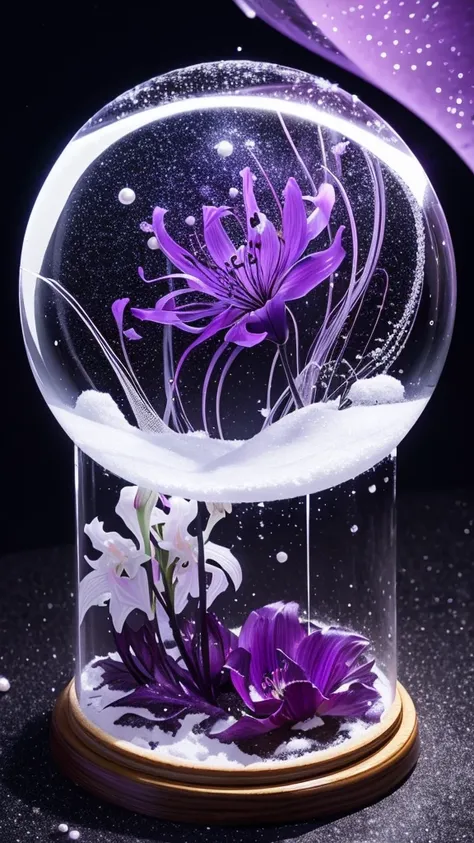 Fantastic image、A thick ᖴ letter made of spider lilies in a snow globe 、The crescent moon and the stars are sparkling、Jellyfish, hearts, bubbles and pearls、Black and purple gradient